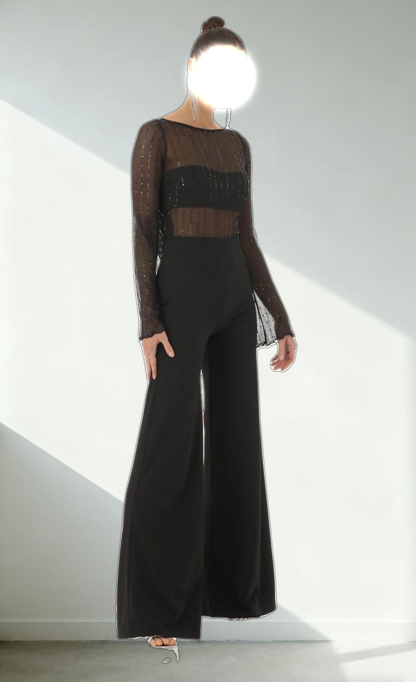 Sequin Striped Long Sleeve Jumpsuit in Black