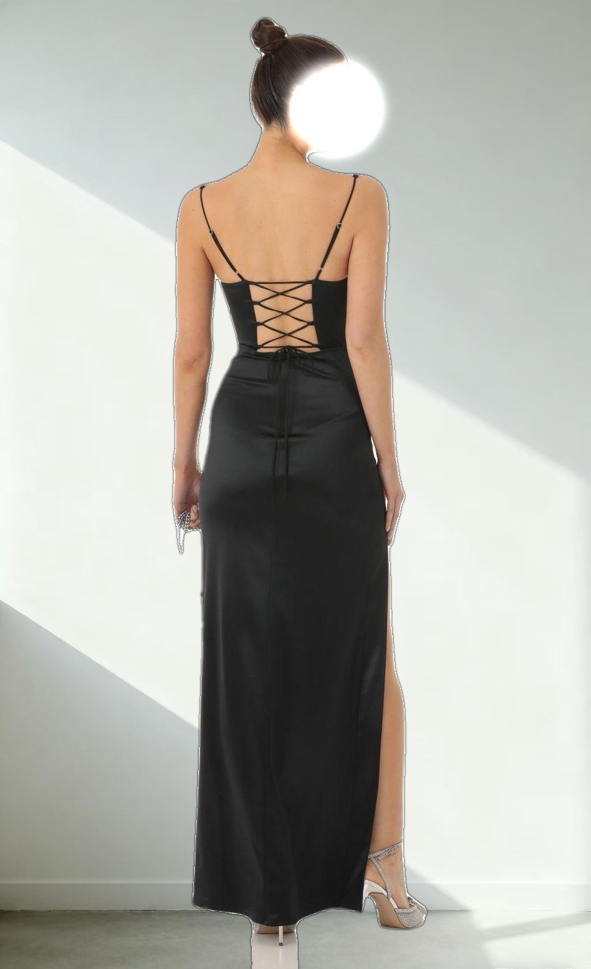 Satin Rhinestone Maxi Dress in Black