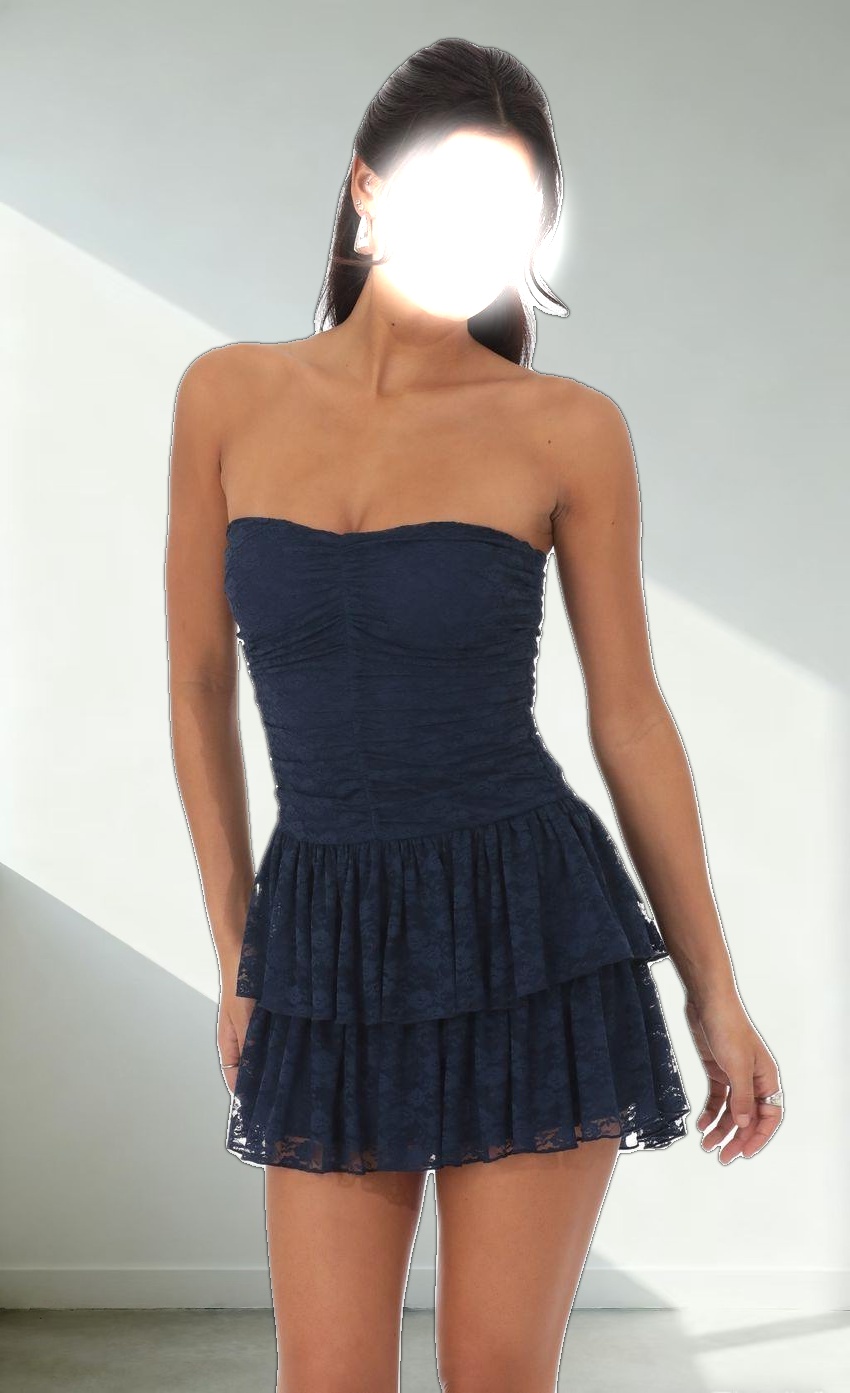 Lace Strapless Ruched Ruffle Dress in Navy