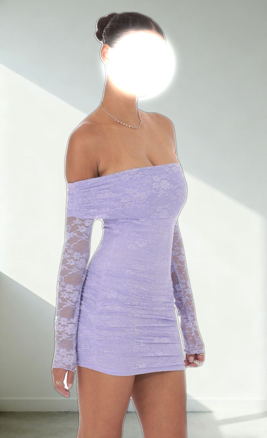 Off Shoulder Long Sleeve Lace Dress in Lavender