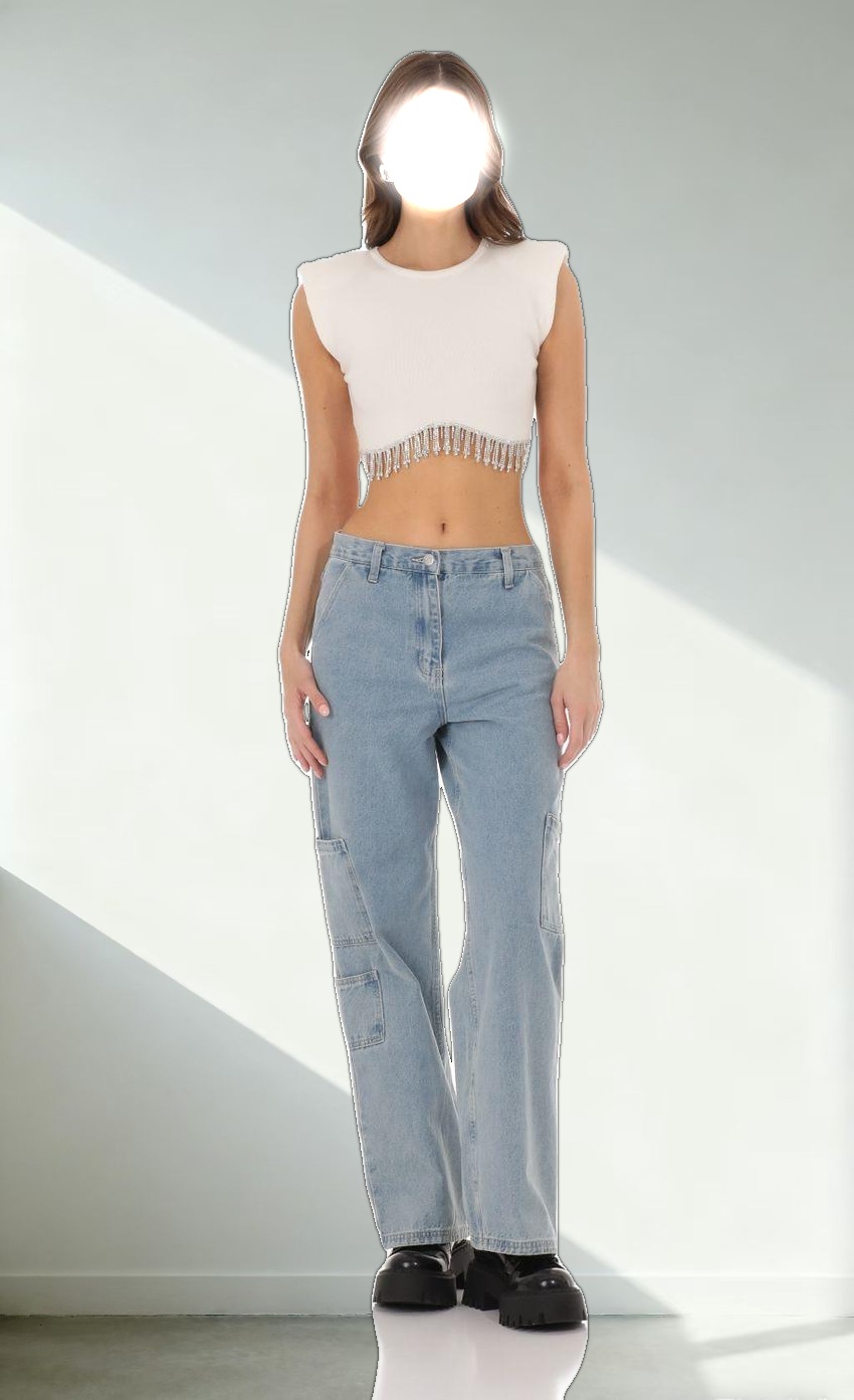 Rhinestone Fringe Knit Top in White