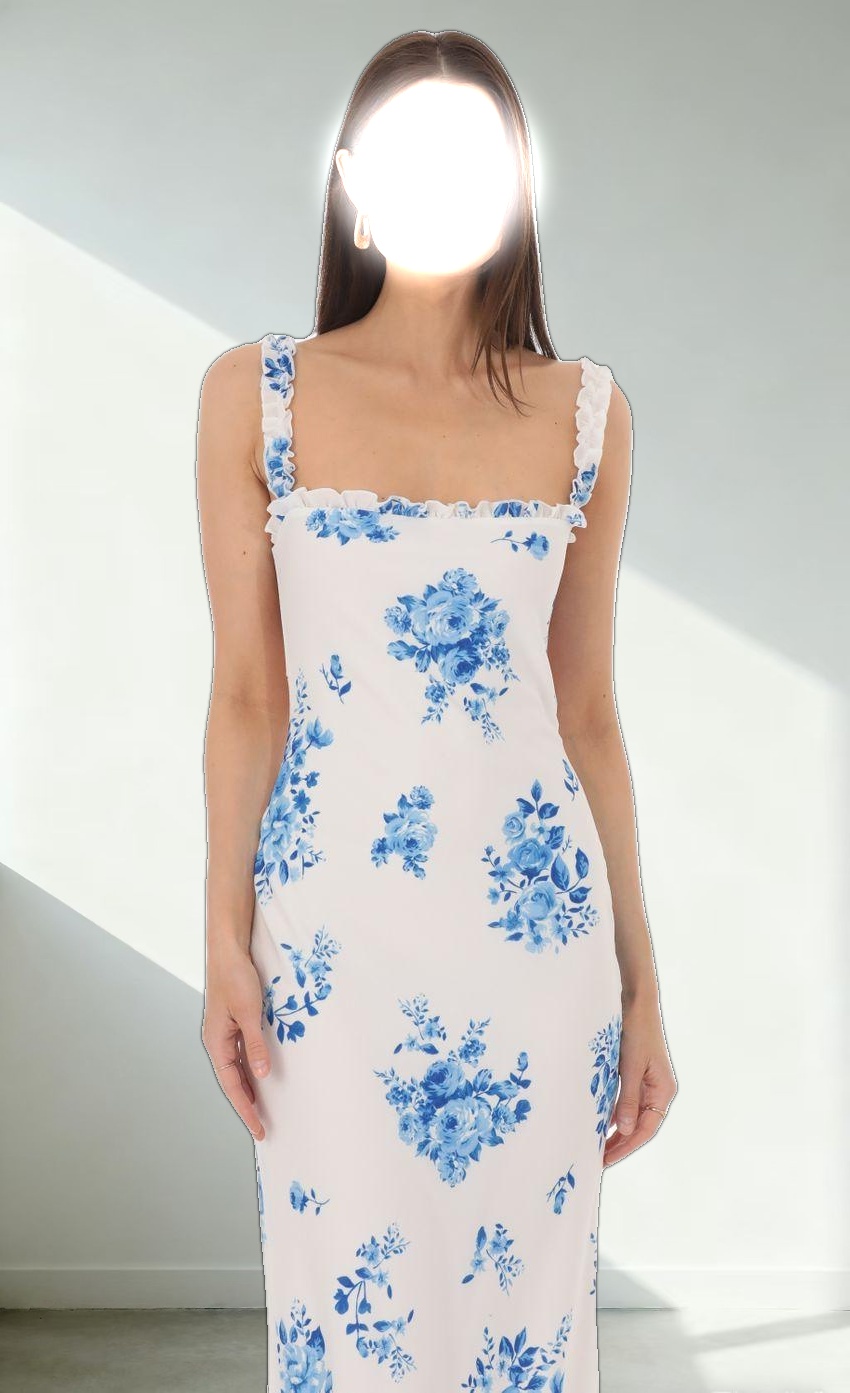 Square Neck Floral Maxi Dress in White