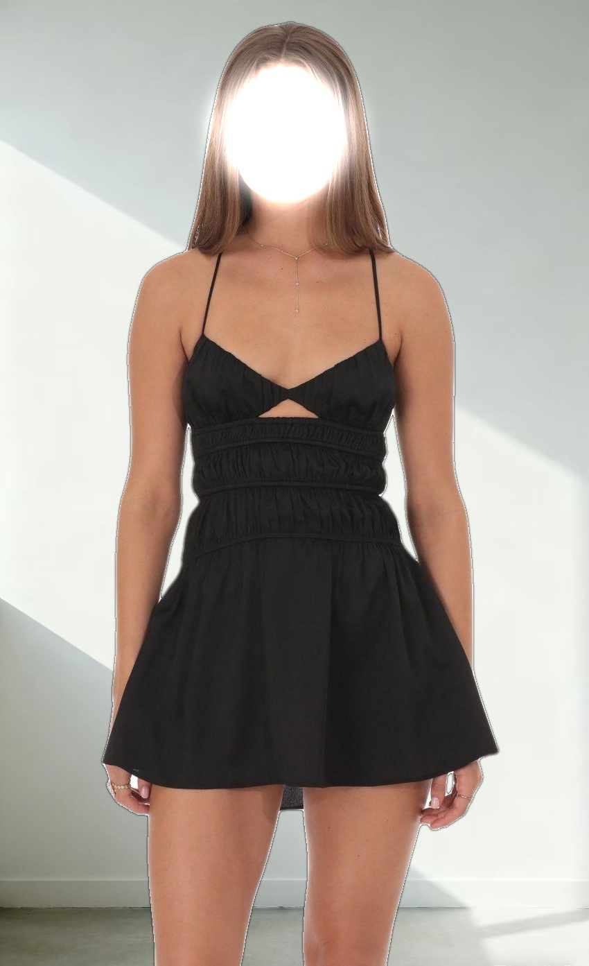 Satin Smocked Ruche Cutout Dress in Black