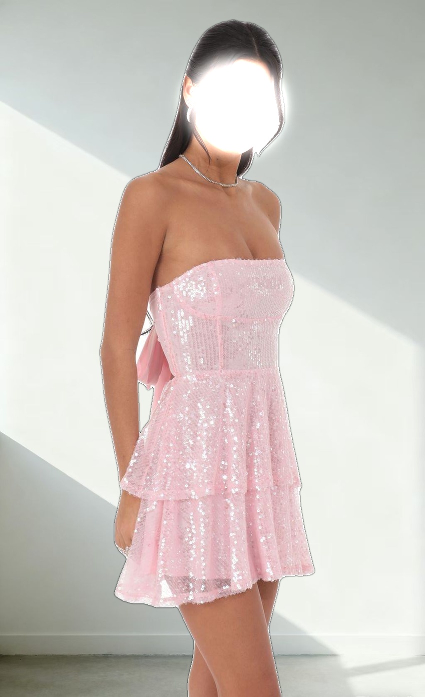 Sequin Strapless Ruffle Dress in Pink