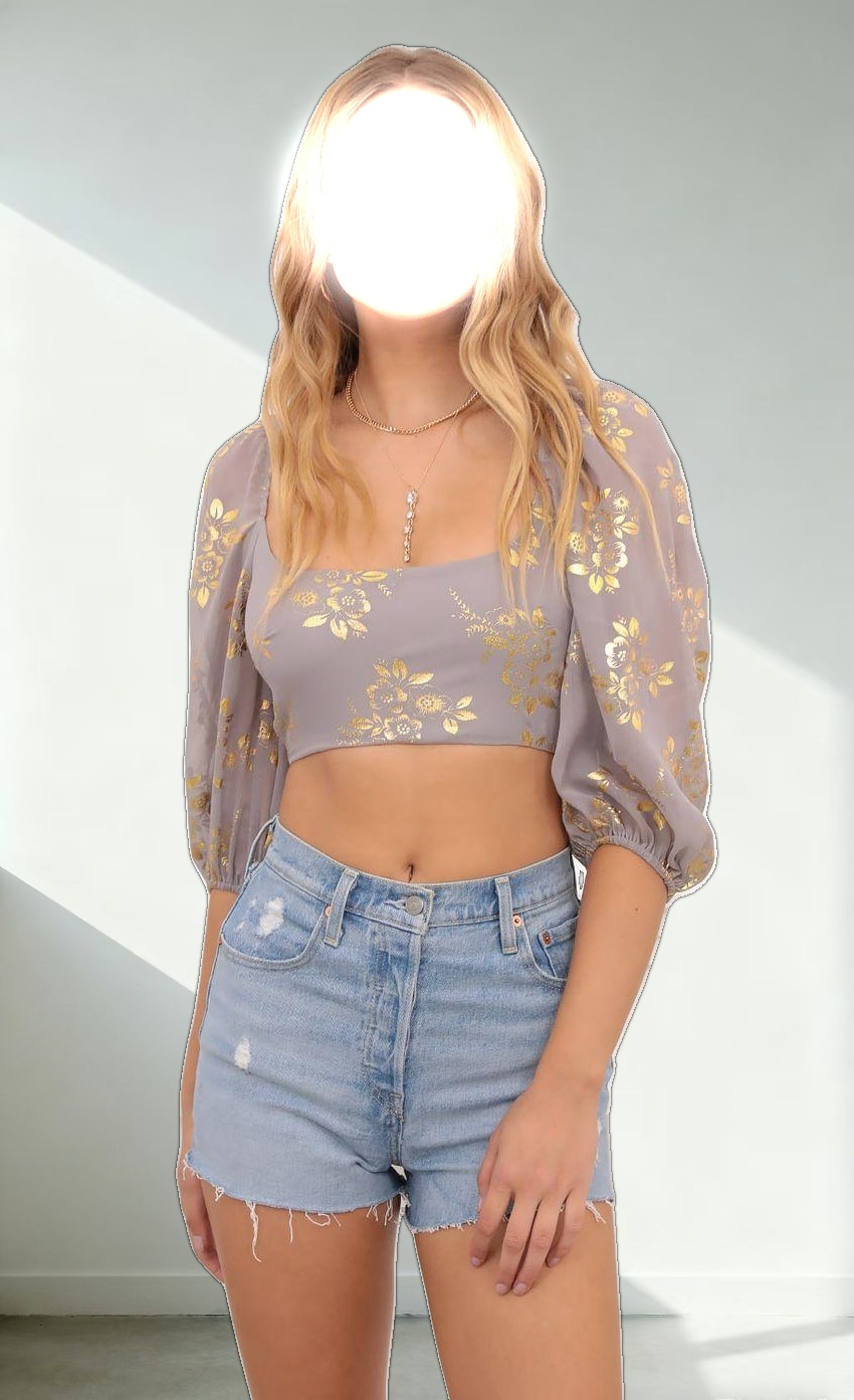 Gold Floral Puff Sleeve Top in Grey