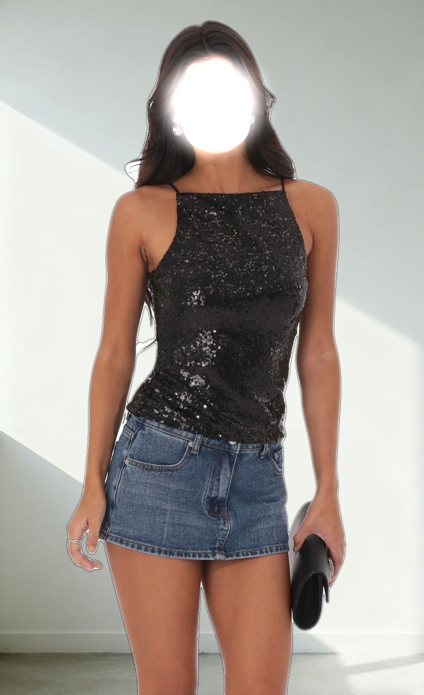 Sequin Straight Neck Top in Black