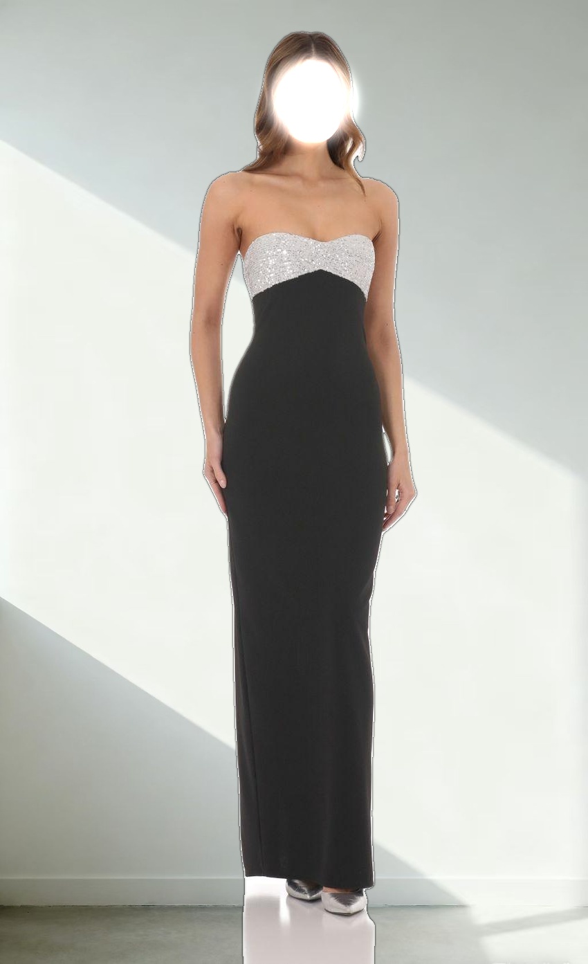 Strapless White Sequin Maxi Dress in Black