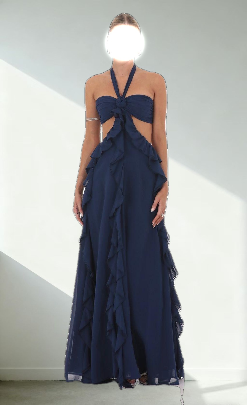 Chiffon Cutout Ruffle Maxi Dress in Navy