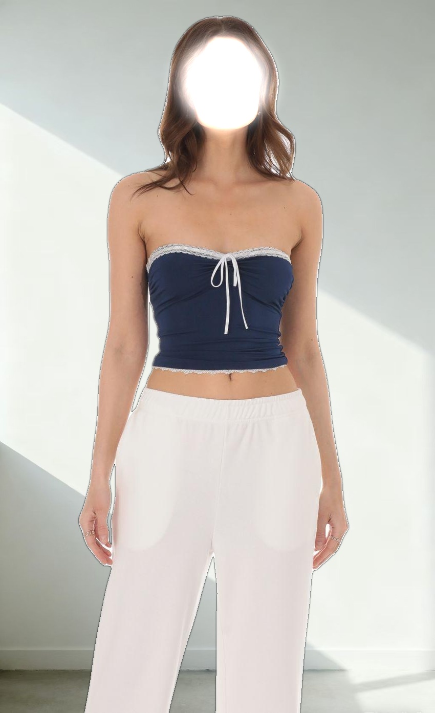 Strapless White Lace Top in Navy