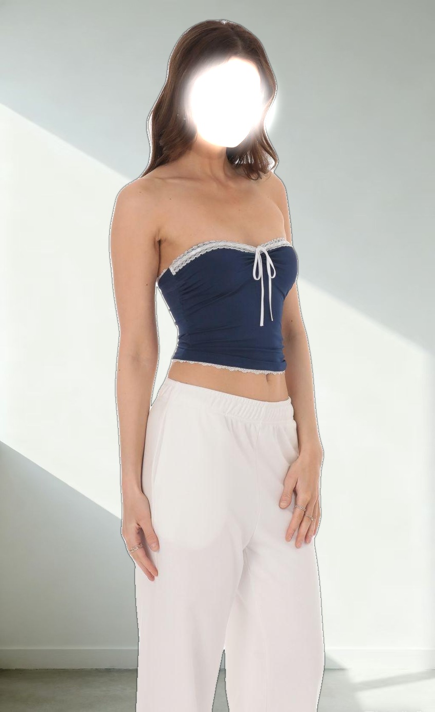 Strapless White Lace Top in Navy