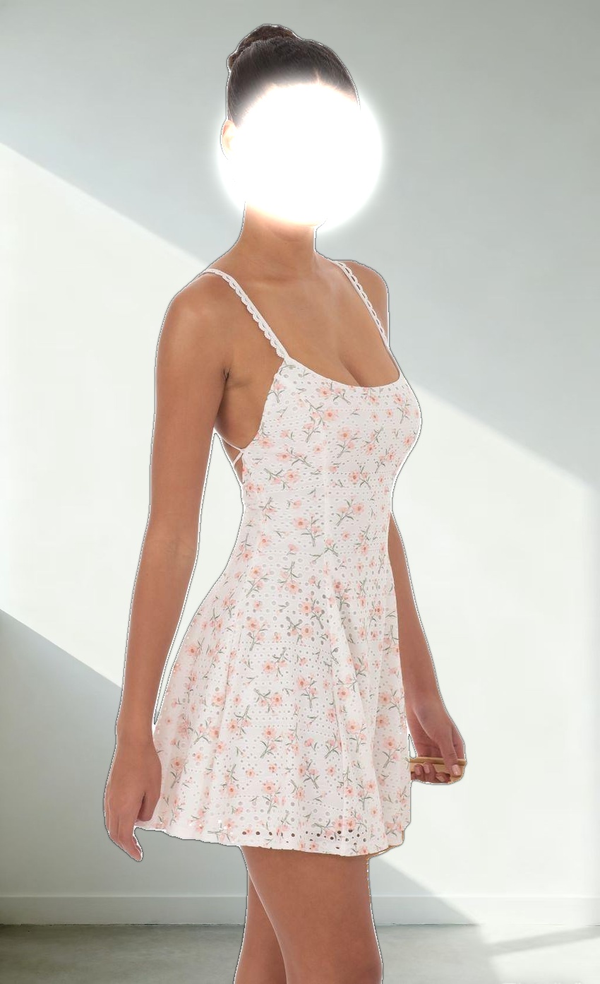 Floral Strap Crossback Fit and Flare Dress in White