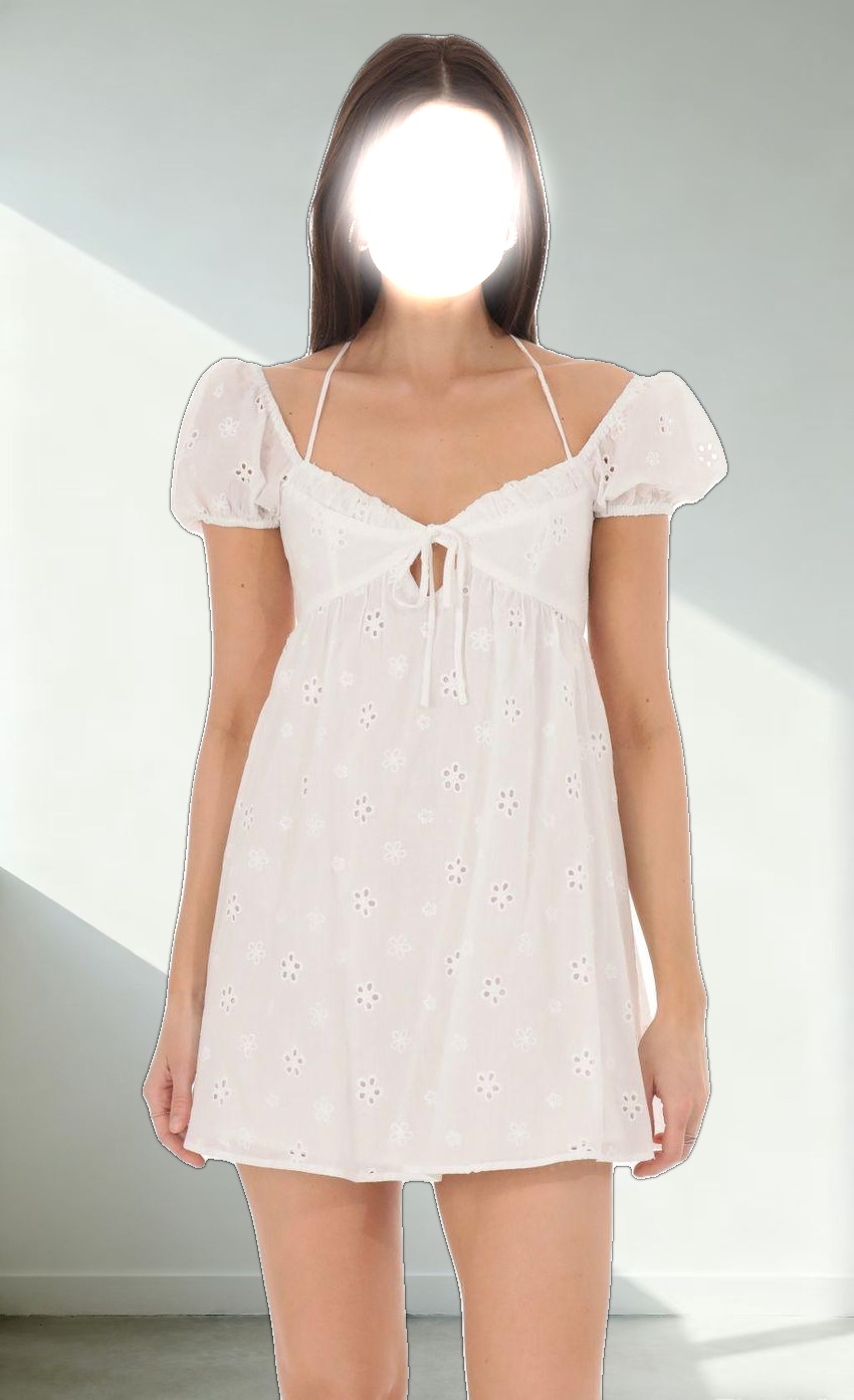 Eyelet Puff Sleeve Babydoll Dress in White