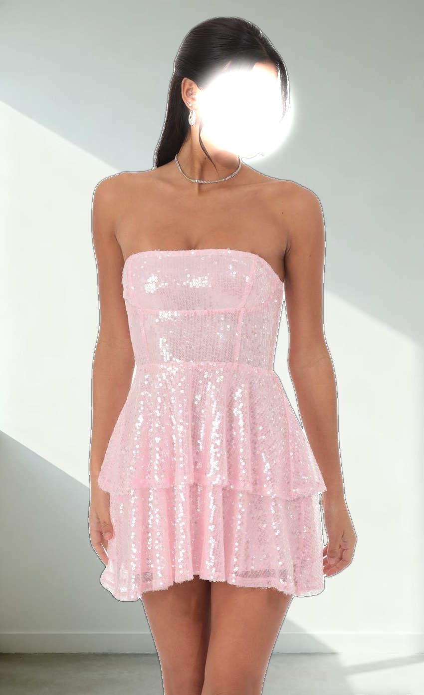 Sequin Strapless Ruffle Dress in Pink