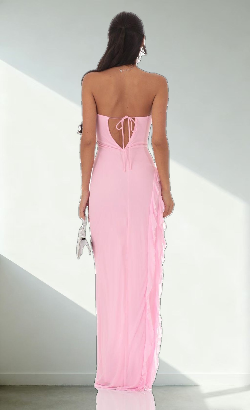 Mesh Strapless Triple Ruffle Maxi Dress in Pink