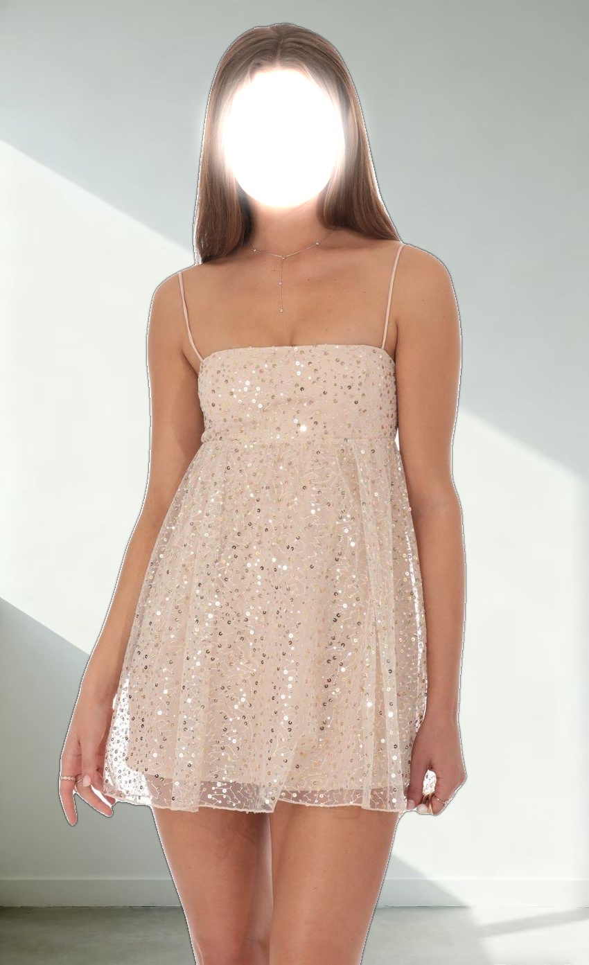 Sequin Baby Doll Dress in Beige