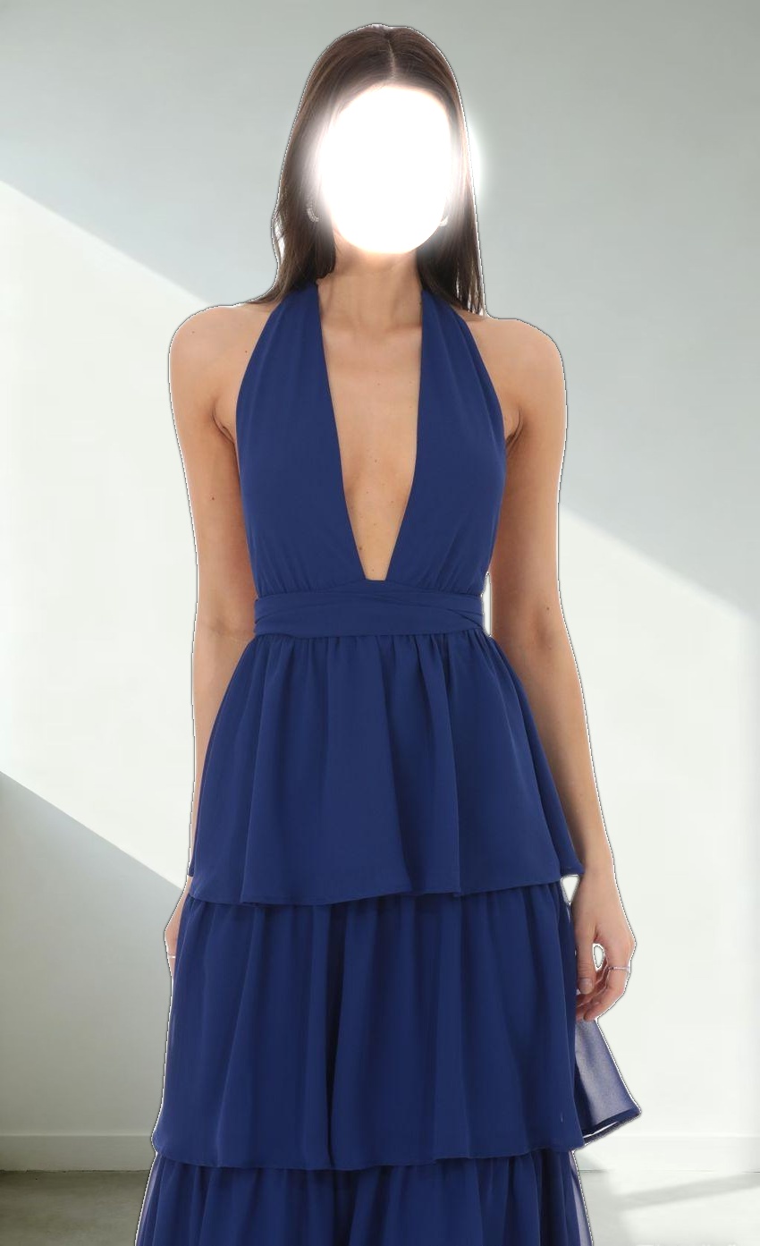 Chiffon Plunge Ruffle Dress in Blue