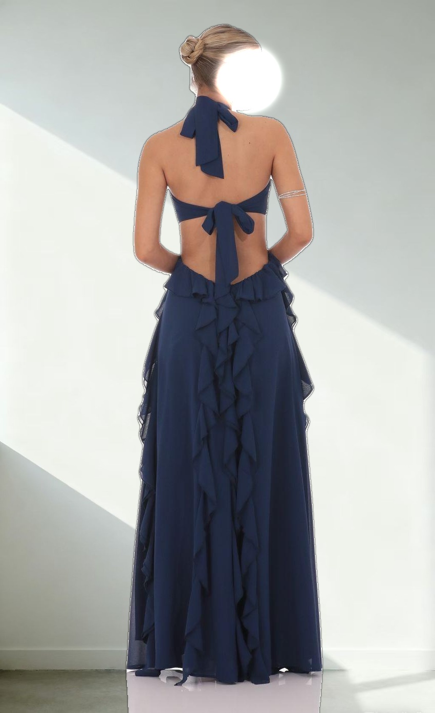 Chiffon Cutout Ruffle Maxi Dress in Navy