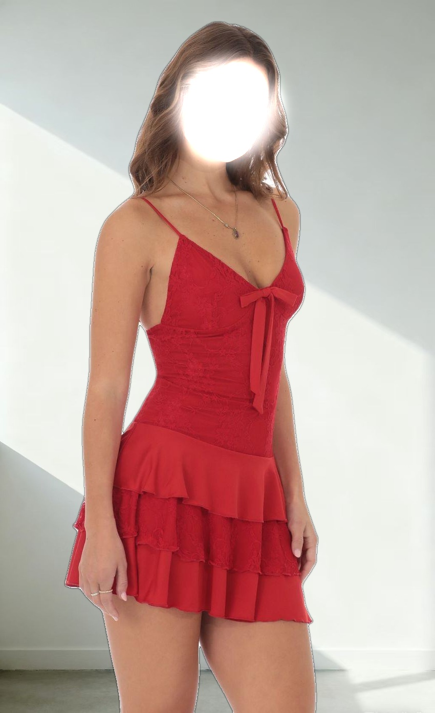 Lace Ruffle Bow Dress in Red