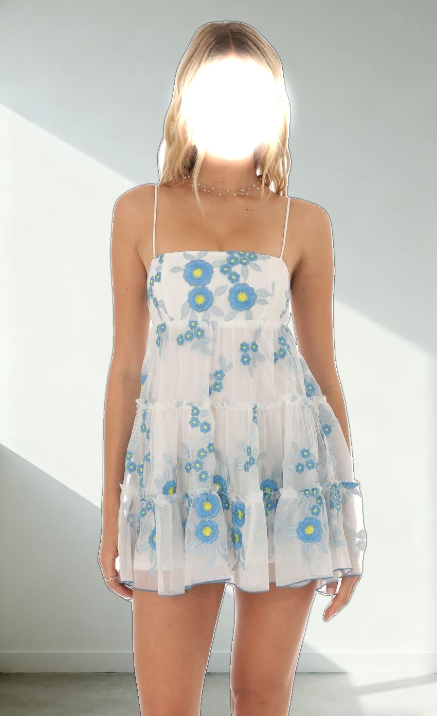 Floral Embroidered Babydoll Dress in White