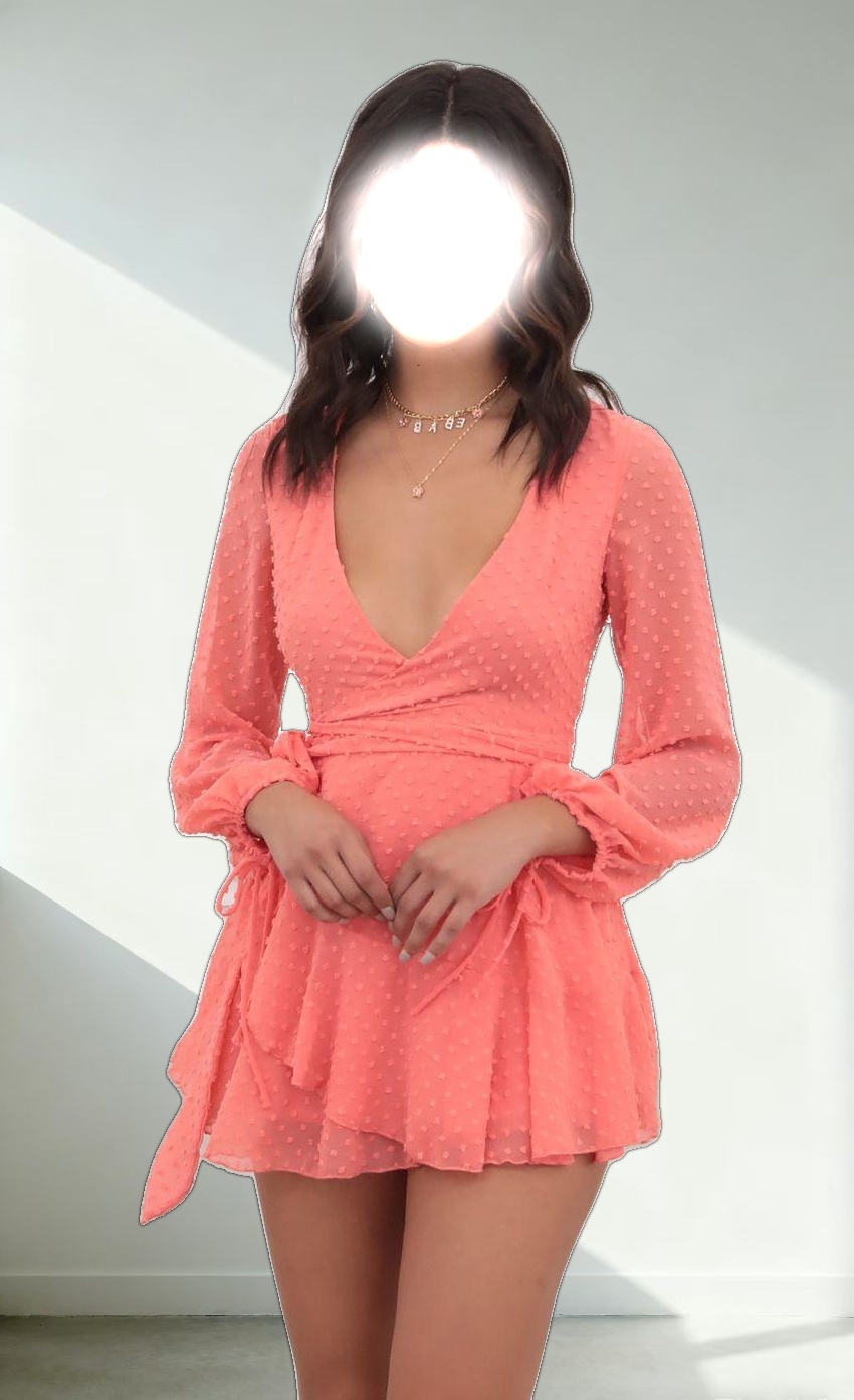 Dotted Long Sleeve Wrap Dress in Coral