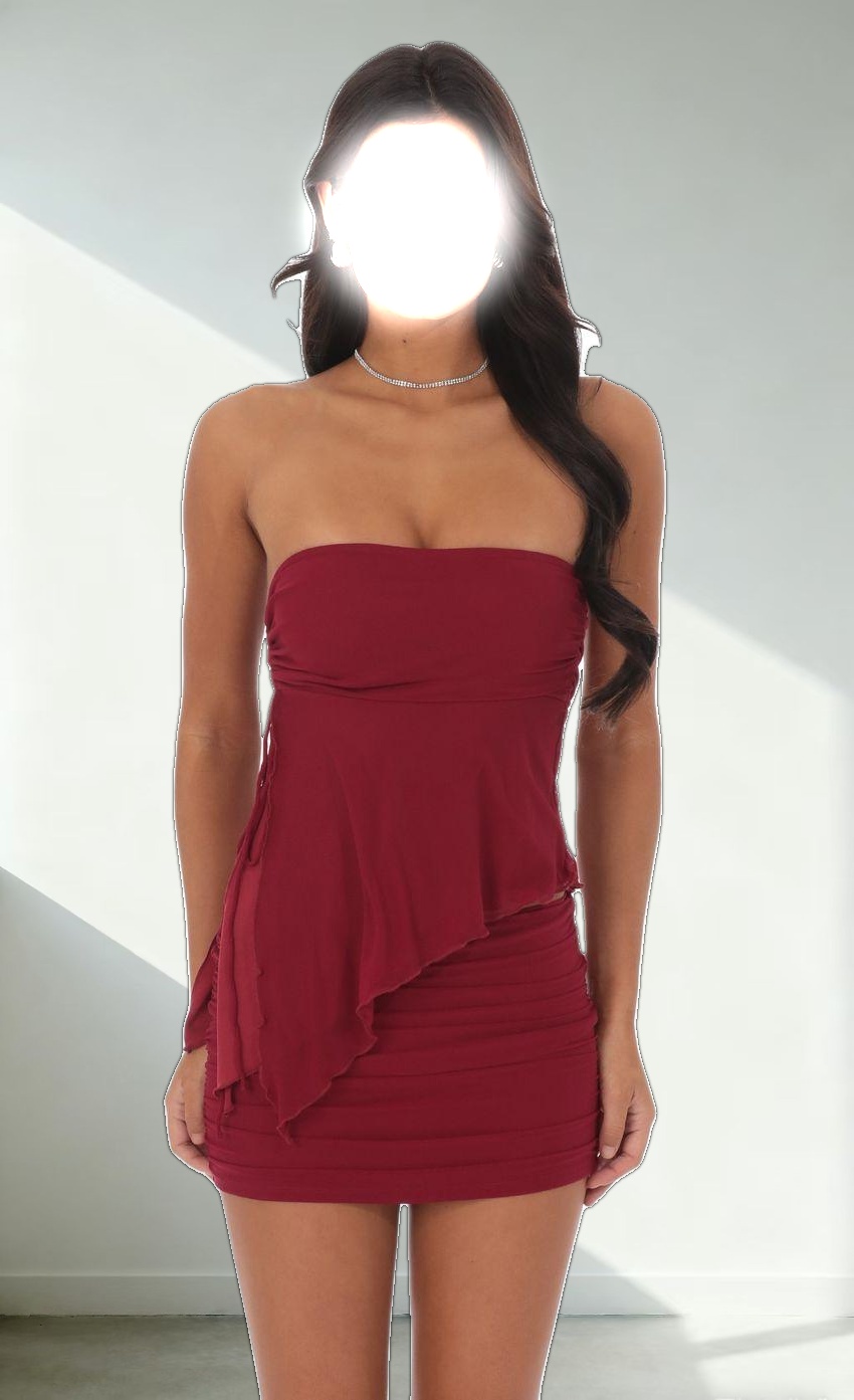 Mesh Strapless Two Piece Set in Burgundy