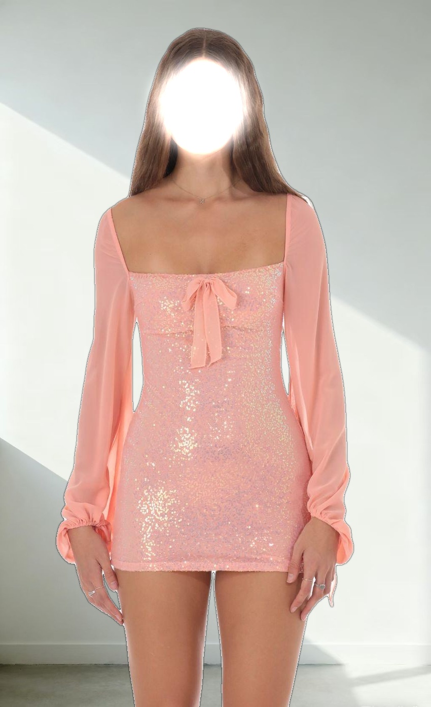 Sequin Balloon Sleeve Bodycon Dress in Coral