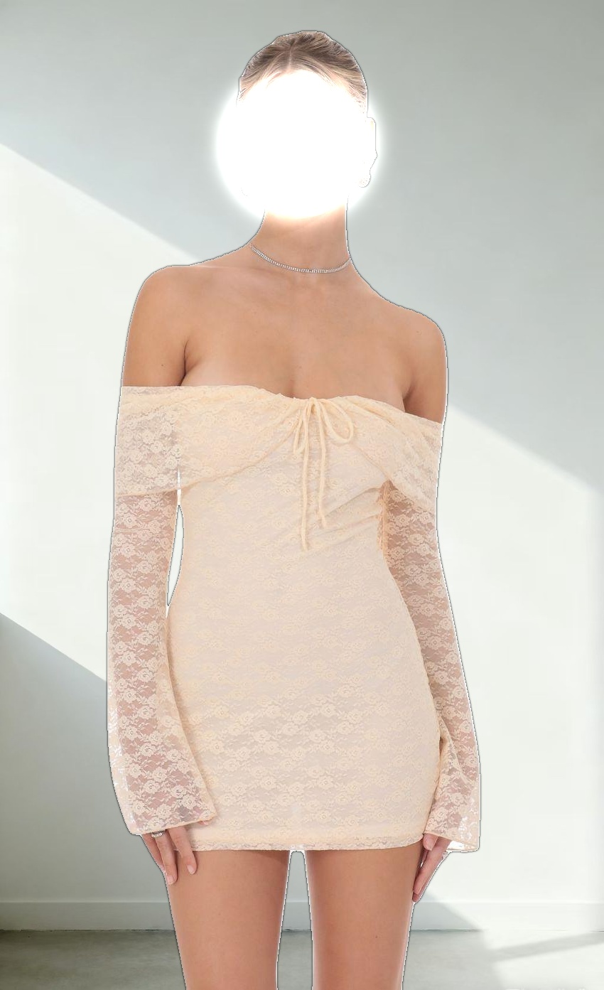 Lace Draped Off Shoulder Dress in Pastel Peach