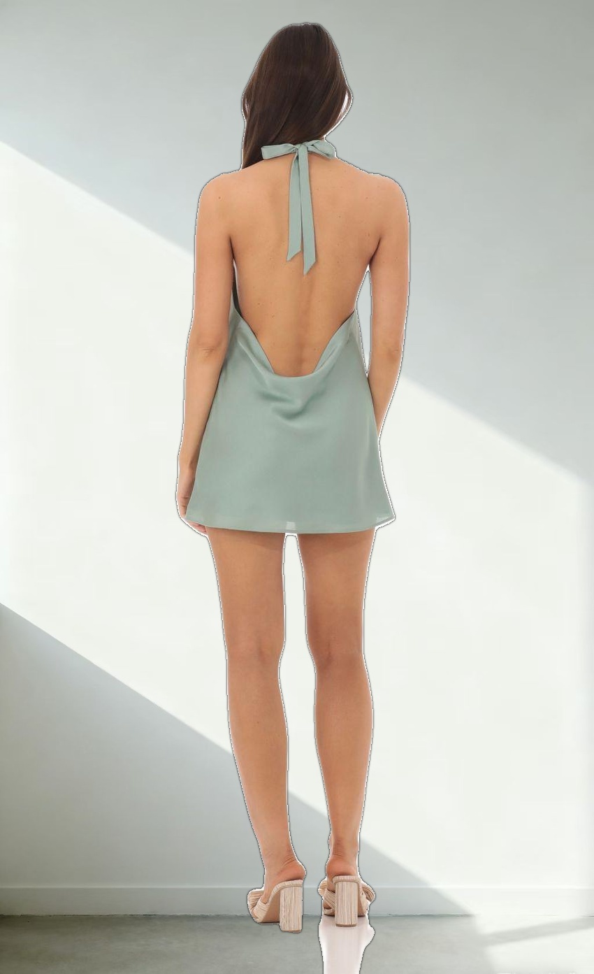 Satin Halter Open Back Dress in Sage