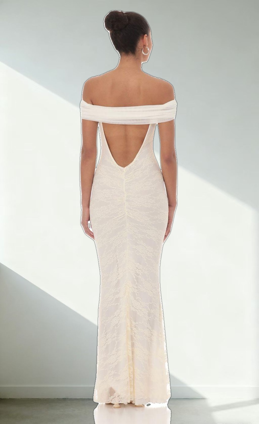 Off Shoulder Sheer Lace Maxi Dress in Cream