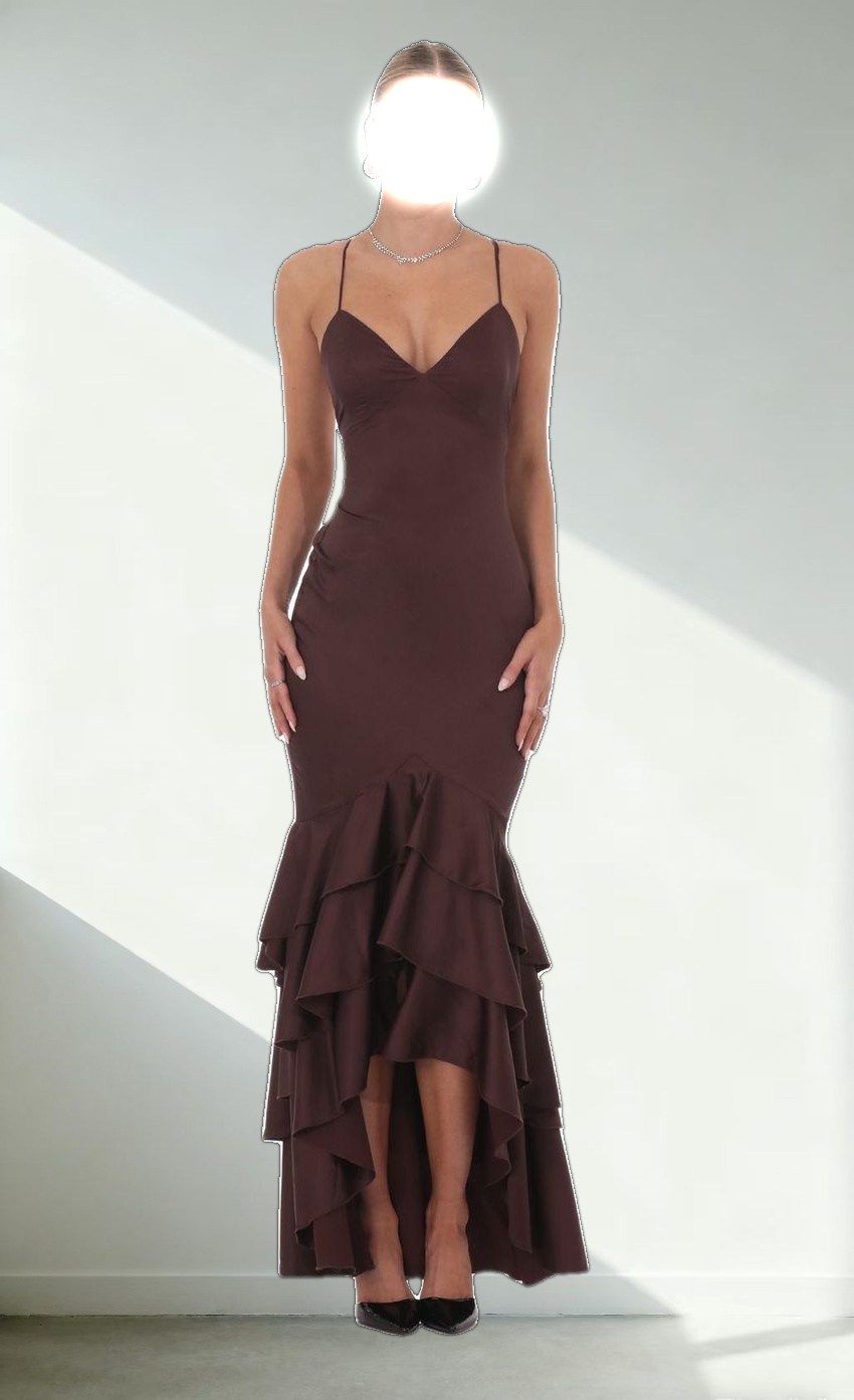 Satin Ruffle Fishtail Maxi Dress in Brown