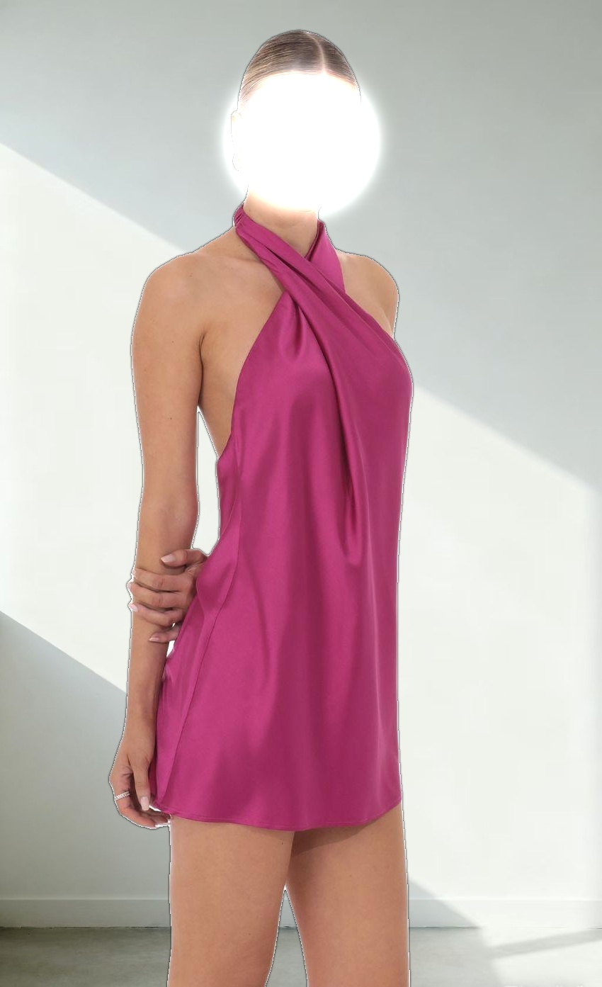 Satin Cross Halter Dress in Magenta