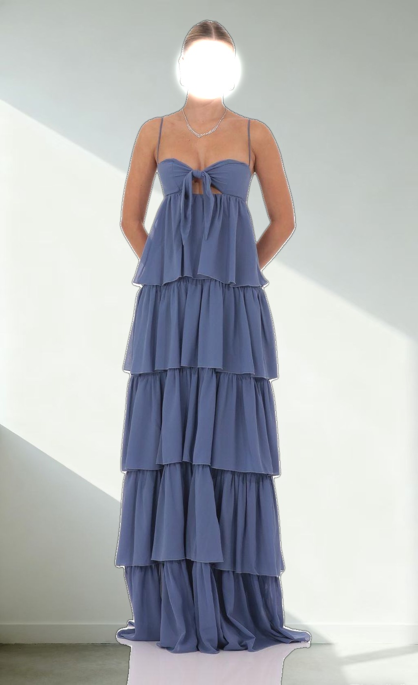 Chiffon Front Tie Ruffle Dress in Denim Blue