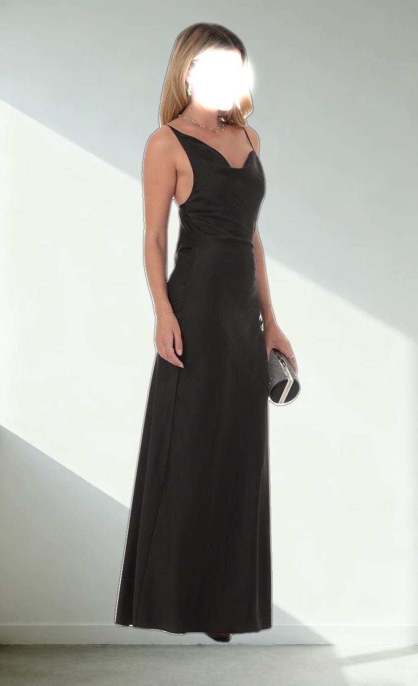 Satin Asymmetrical Cowl Neck Maxi Dress in Black