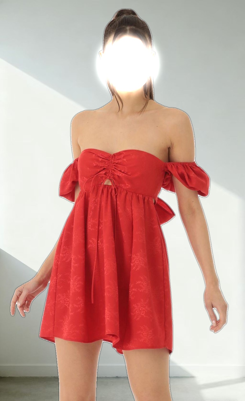 Jacquard Puff Sleeve Baby Doll Dress in Red