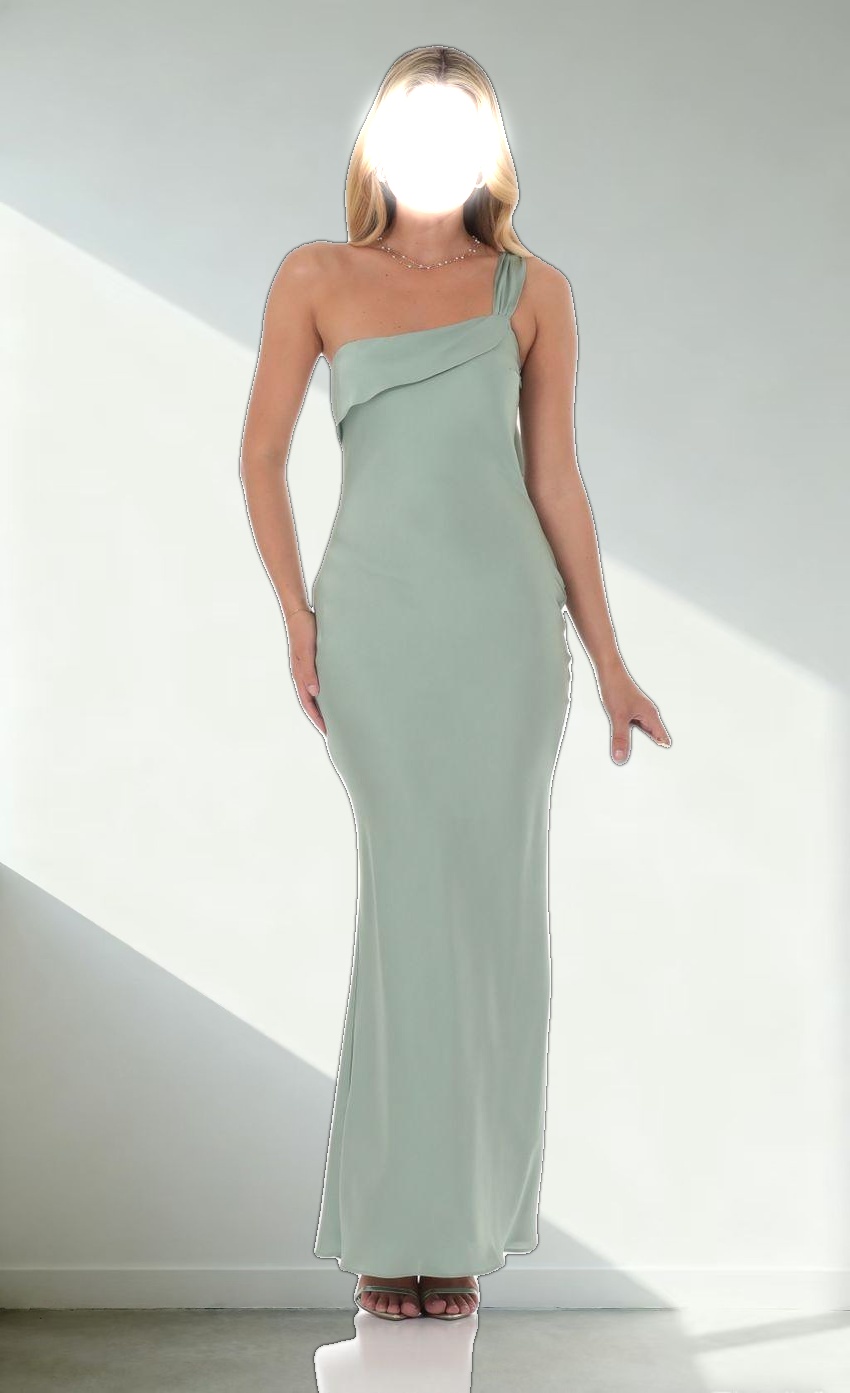 Satin One Shoulder Tassel Maxi Dress in Sage