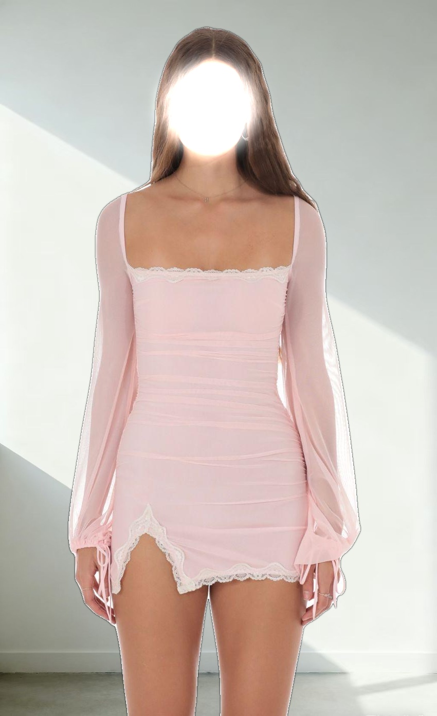 Mesh Lace Ruched Dress in Baby Pink