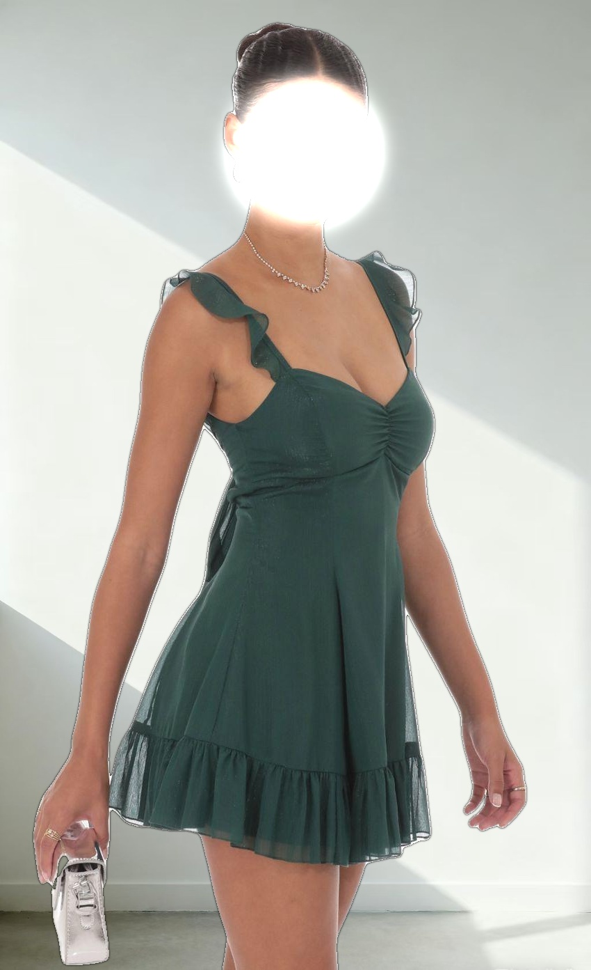 Shimmer Chiffon Ruffle Strap Dress in Green