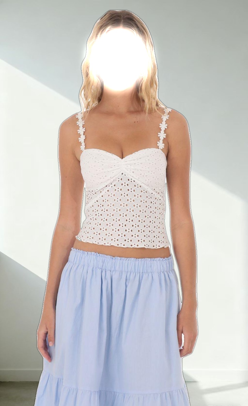 Floral Strap Eyelet Top in White