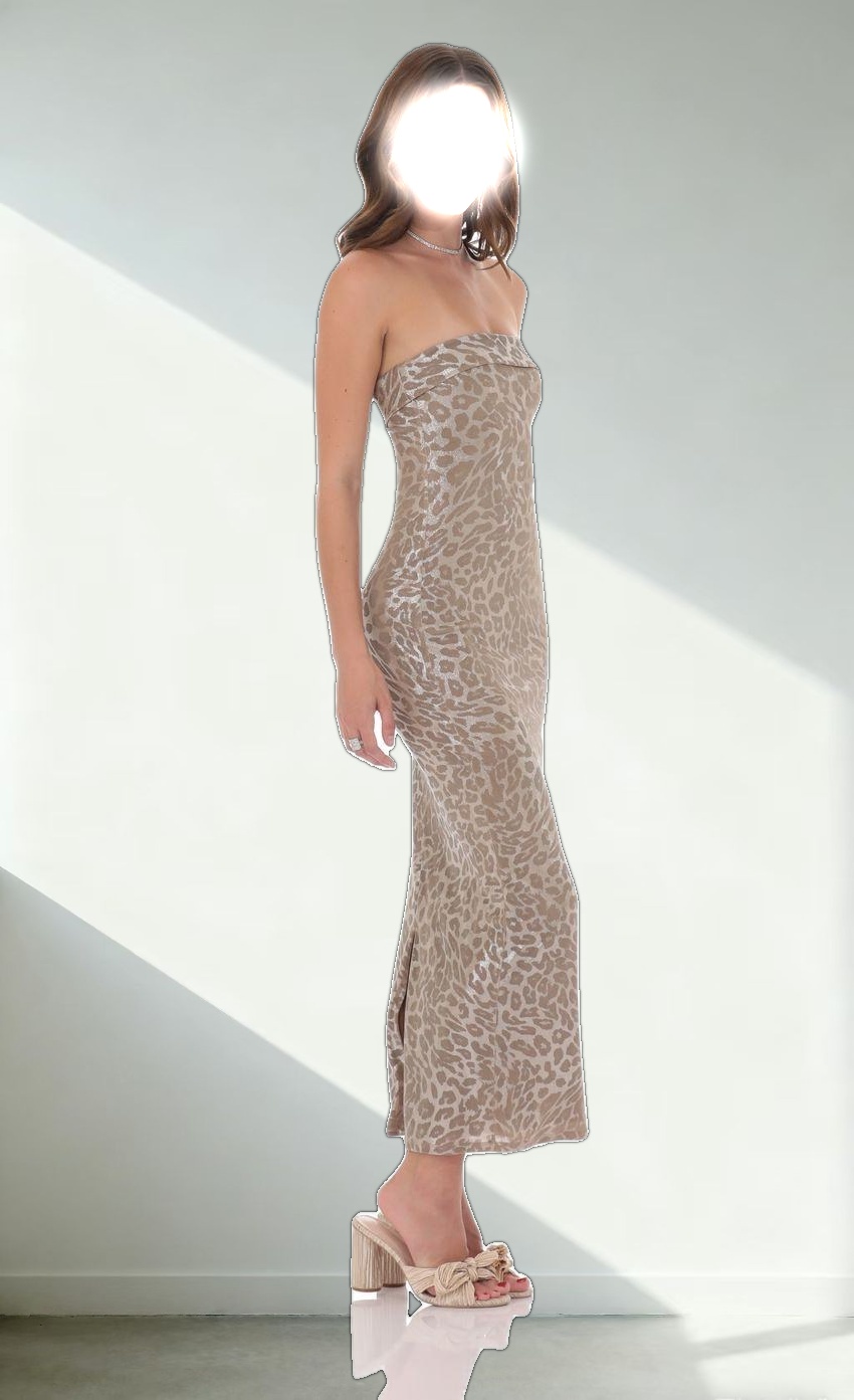 Strapless Metallic Maxi Dress in Cheetah Print