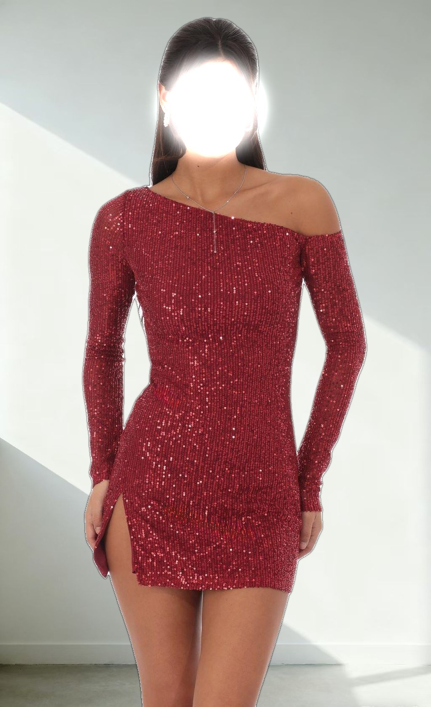 Sequin One Off Shoulder Bodycon Dress in Red