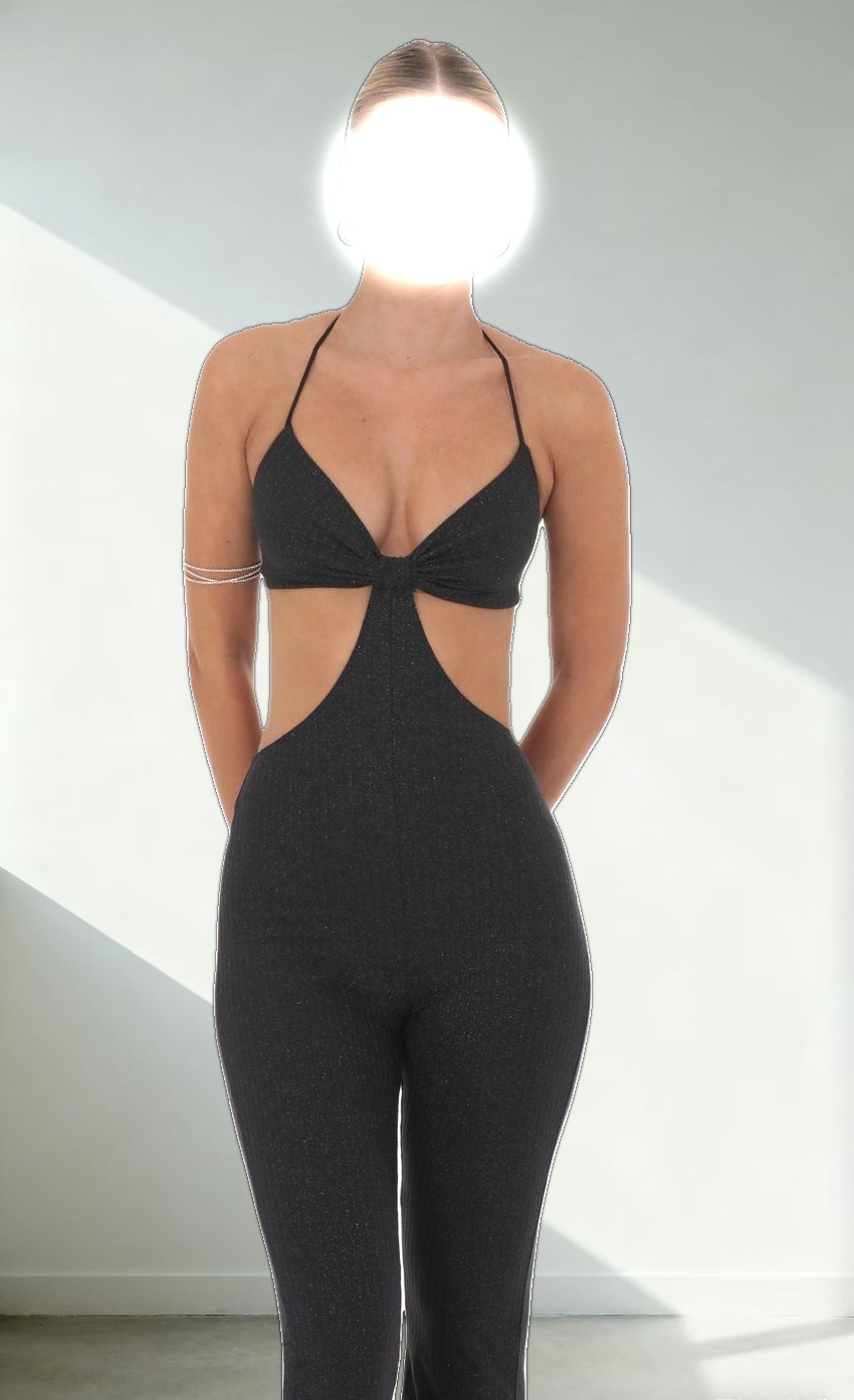 Shimmer Ribbed Cutout Jumpsuit in Black