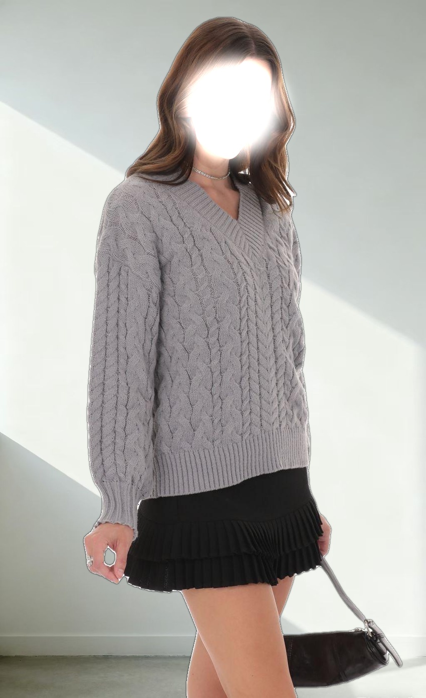 Cable Knit V-Neck Jumper in Grey