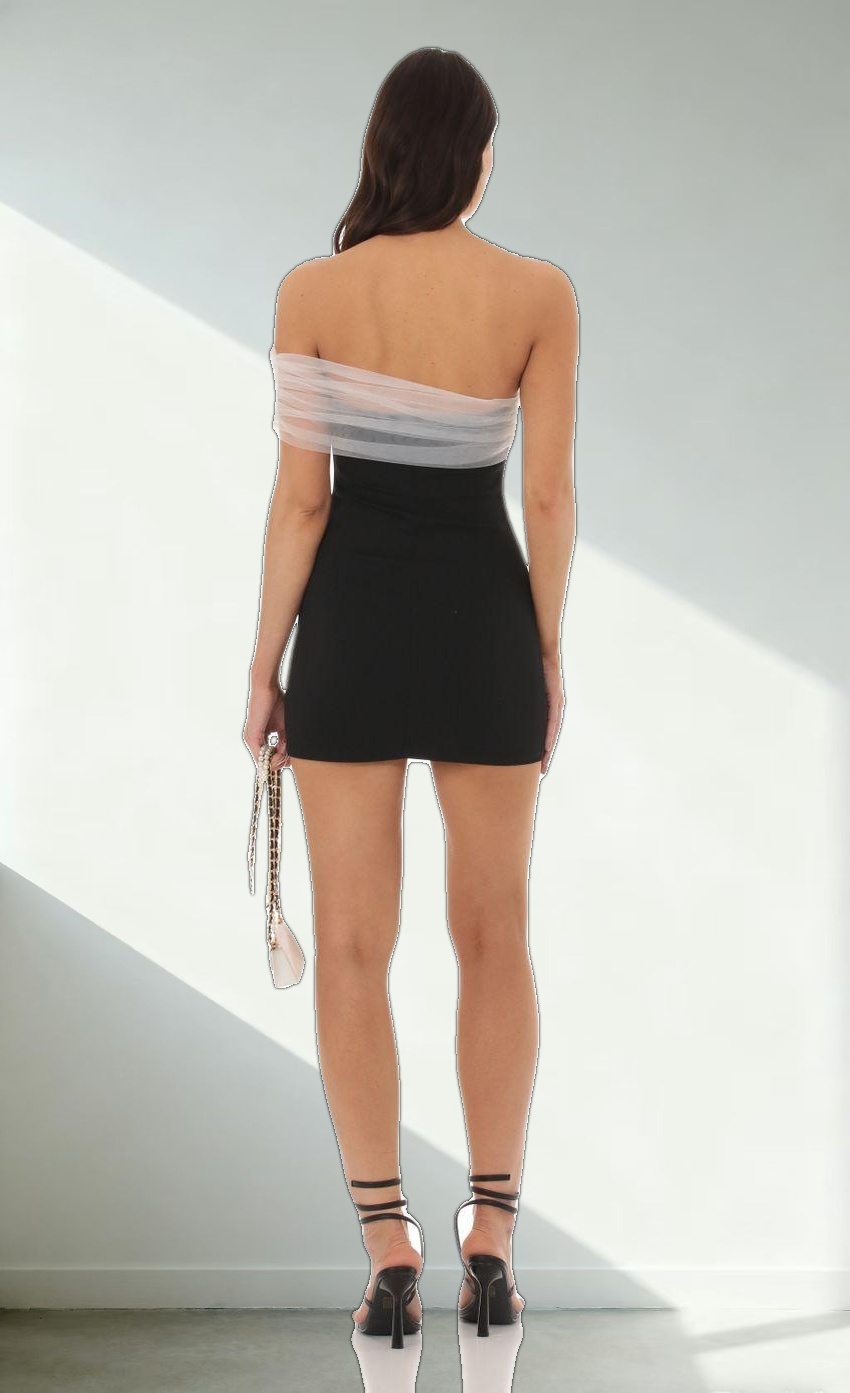 Off Shoulder Tulle Sleeve Dress in Black