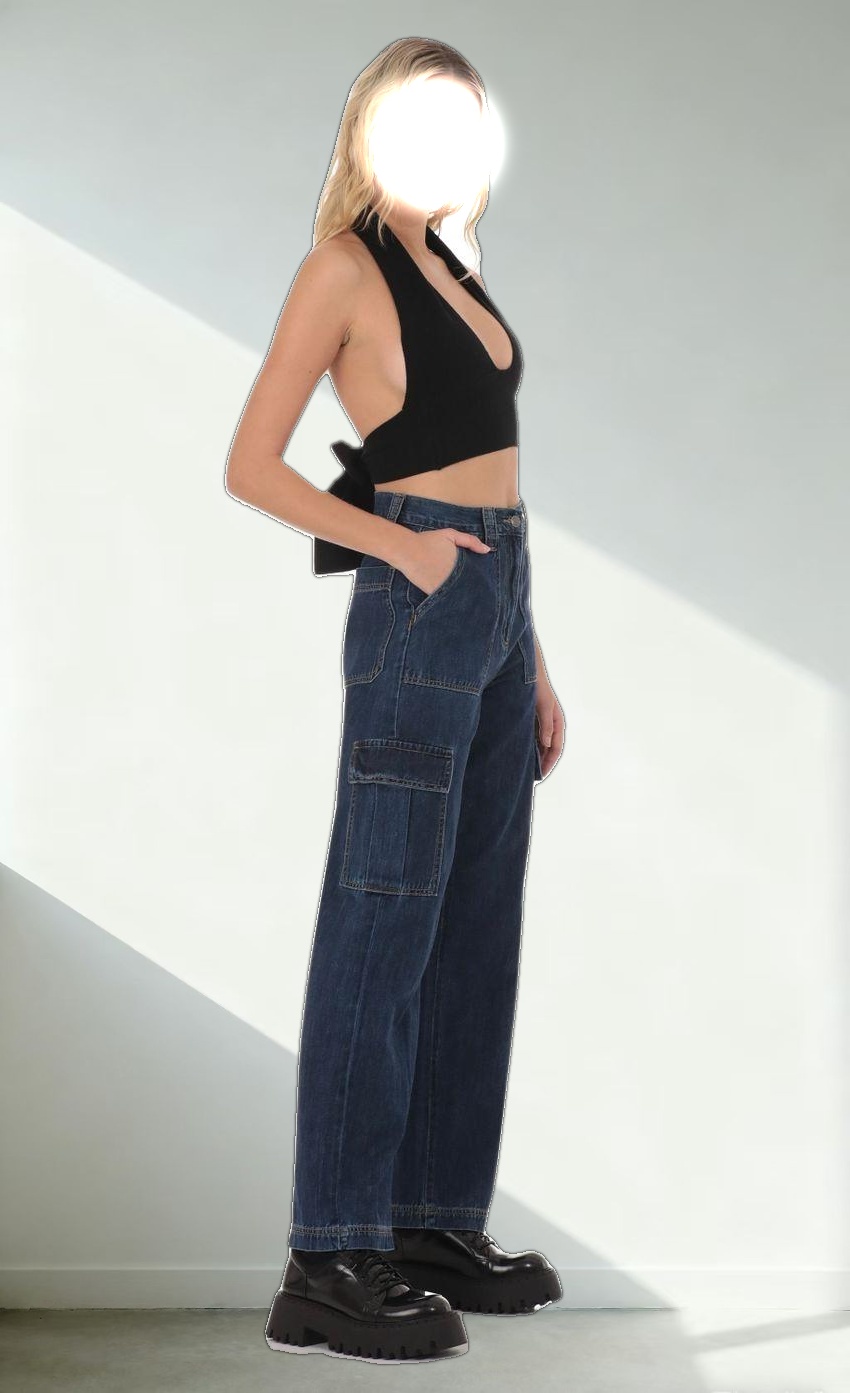 Wide Leg Cargo Jeans in Dark Denim