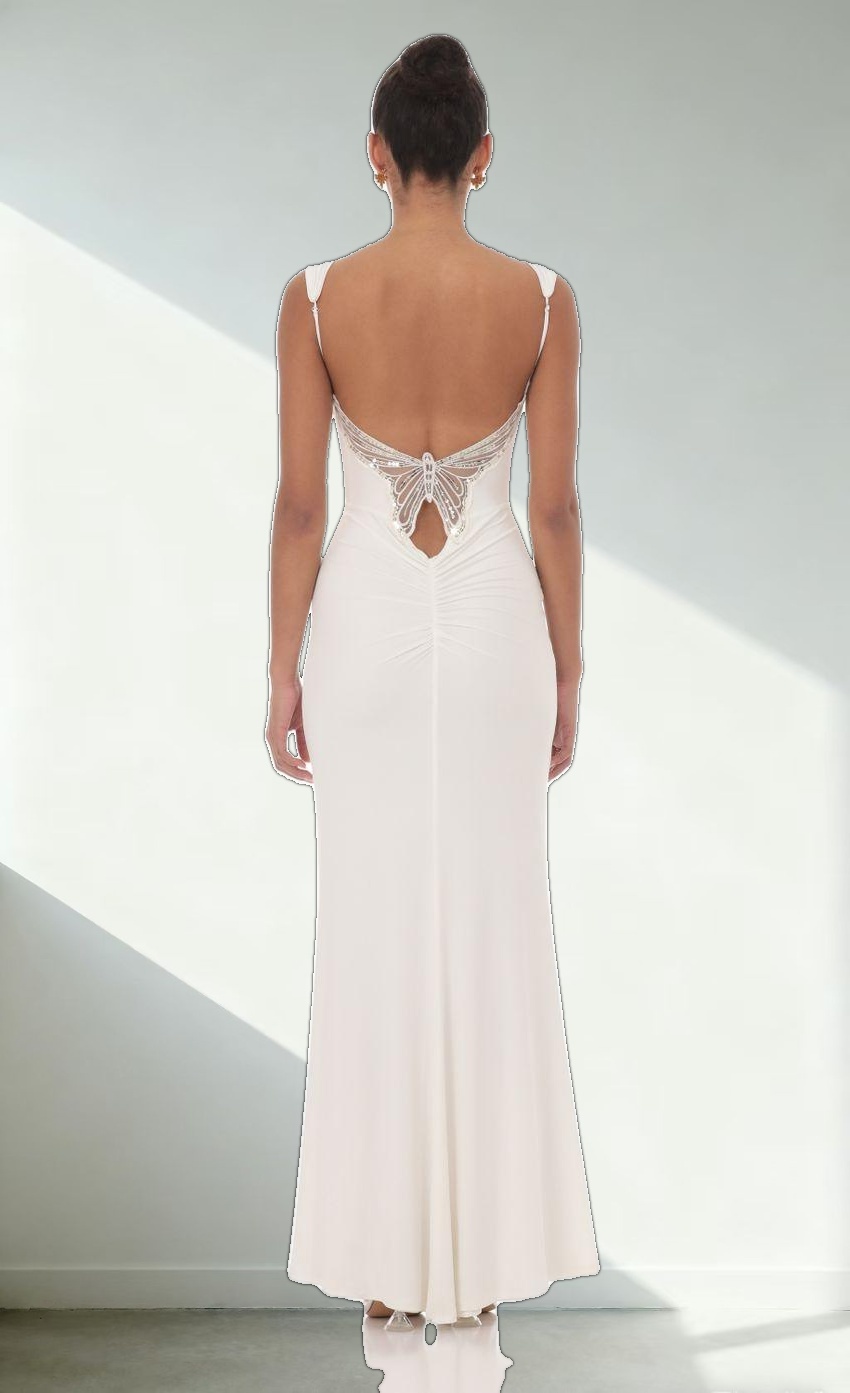 Back Sequin Butterfly Maxi Dress in White