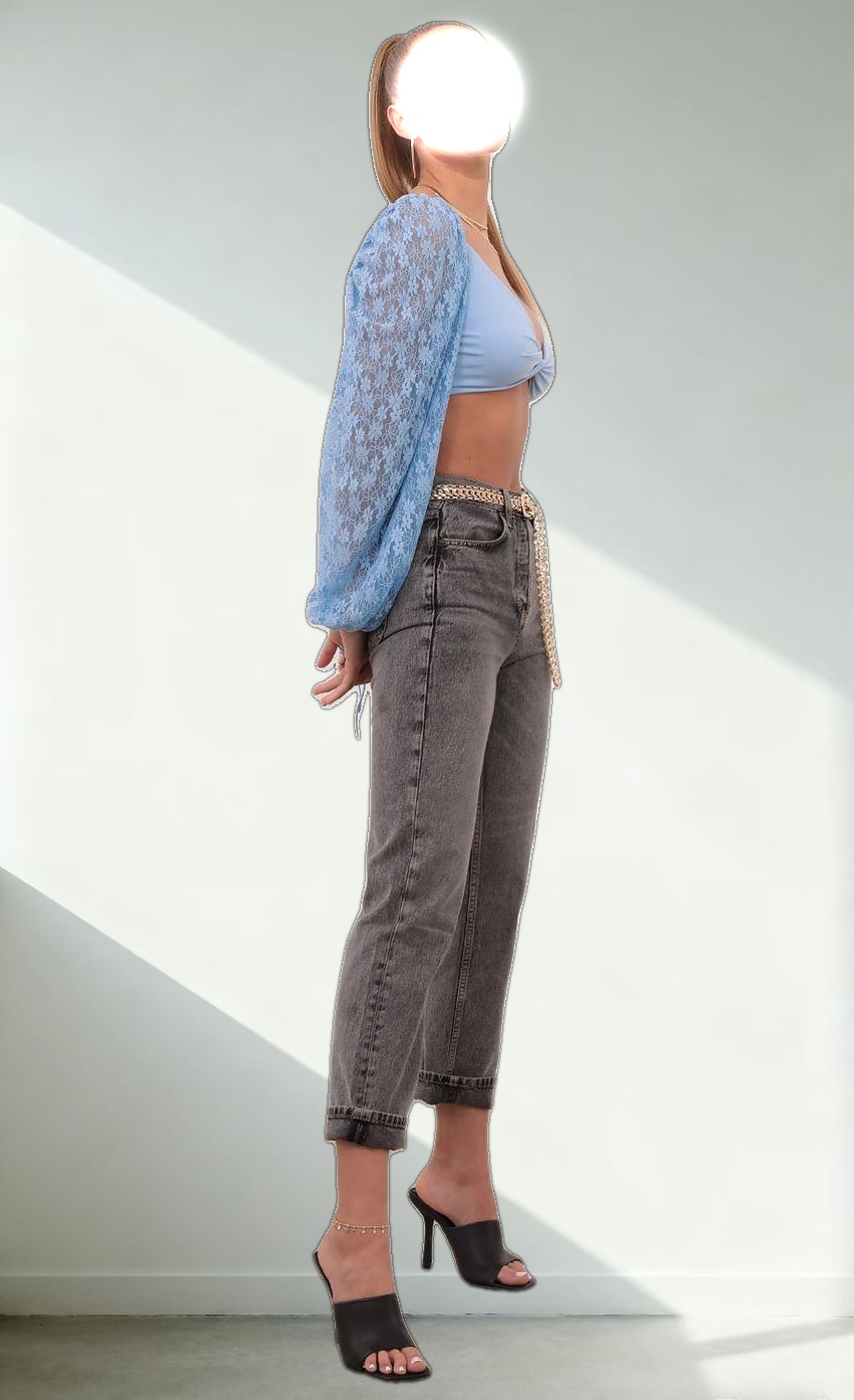 Lace Puff Sleeve Crop Top in Sky Blue