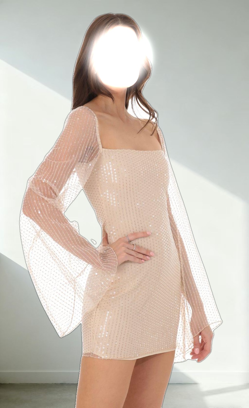 Tulle Sequin Flare Sleeve Dress in Champagne