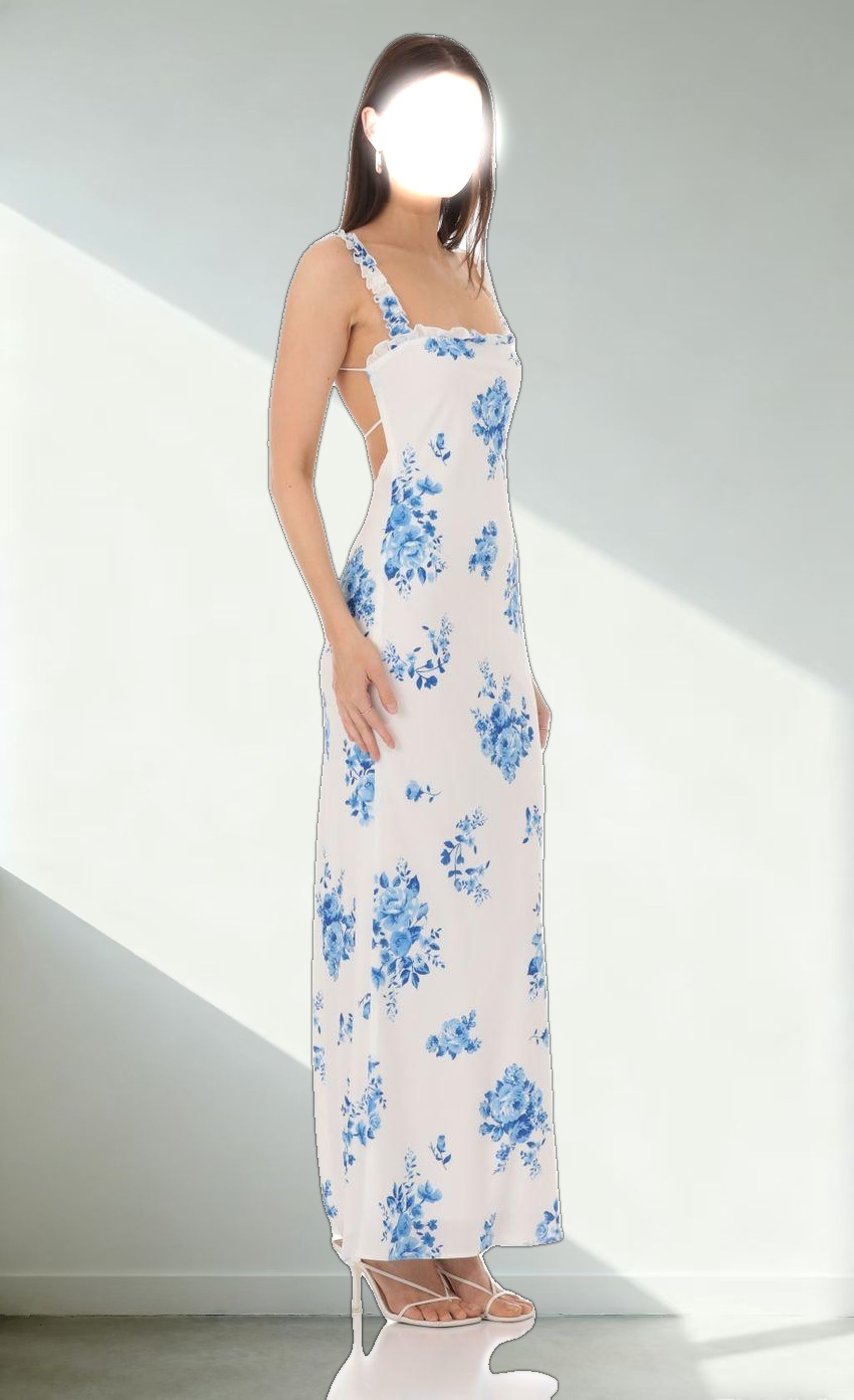 Square Neck Floral Maxi Dress in White