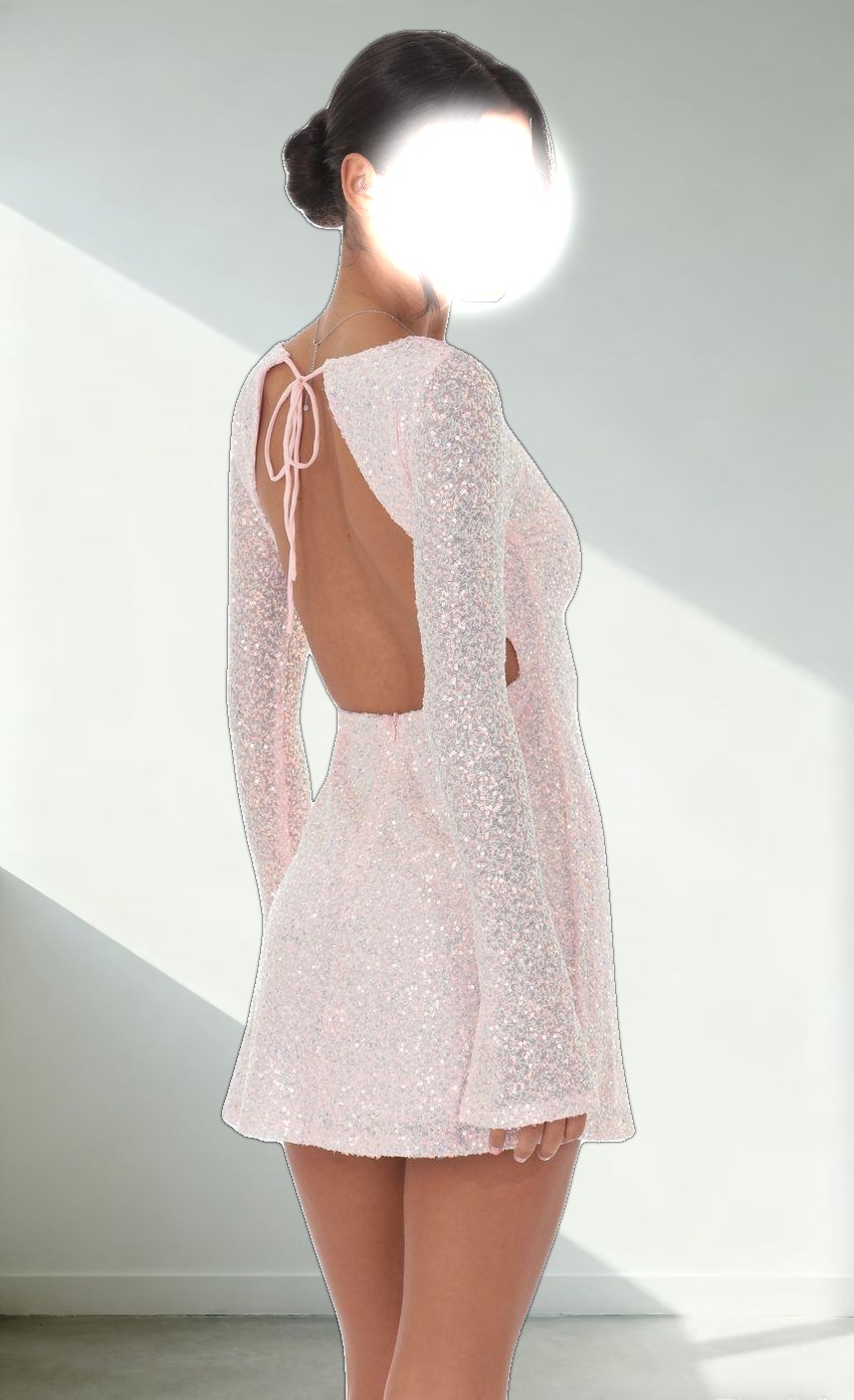 Sequin Long Sleeve Open Back Dress in Pink