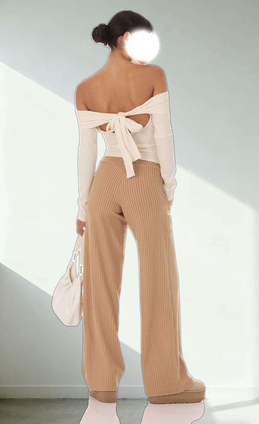 Soft Ribbed Straight Pants in Camel
